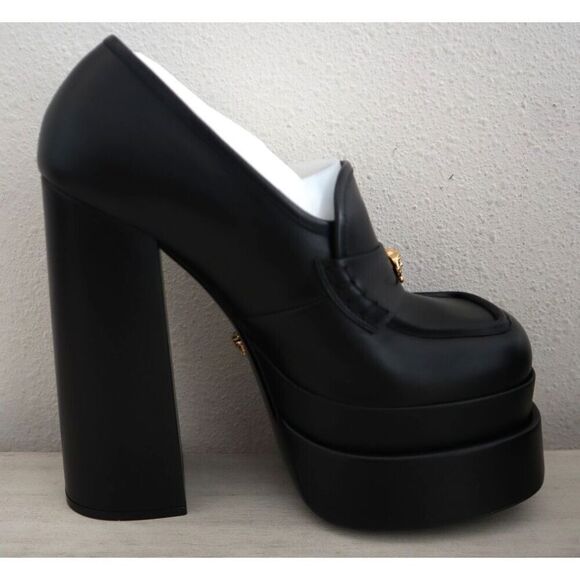 VERSACE WMN Sz 40 US 8.5 Black Mocassino Vitellino Leather High Heel Pumps - Picture 8 of 16